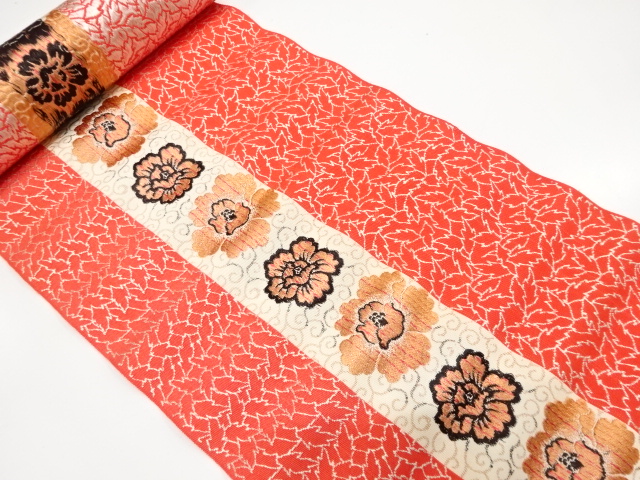 アンティーク　縞に牡丹模様織り出し　八寸帯地反物